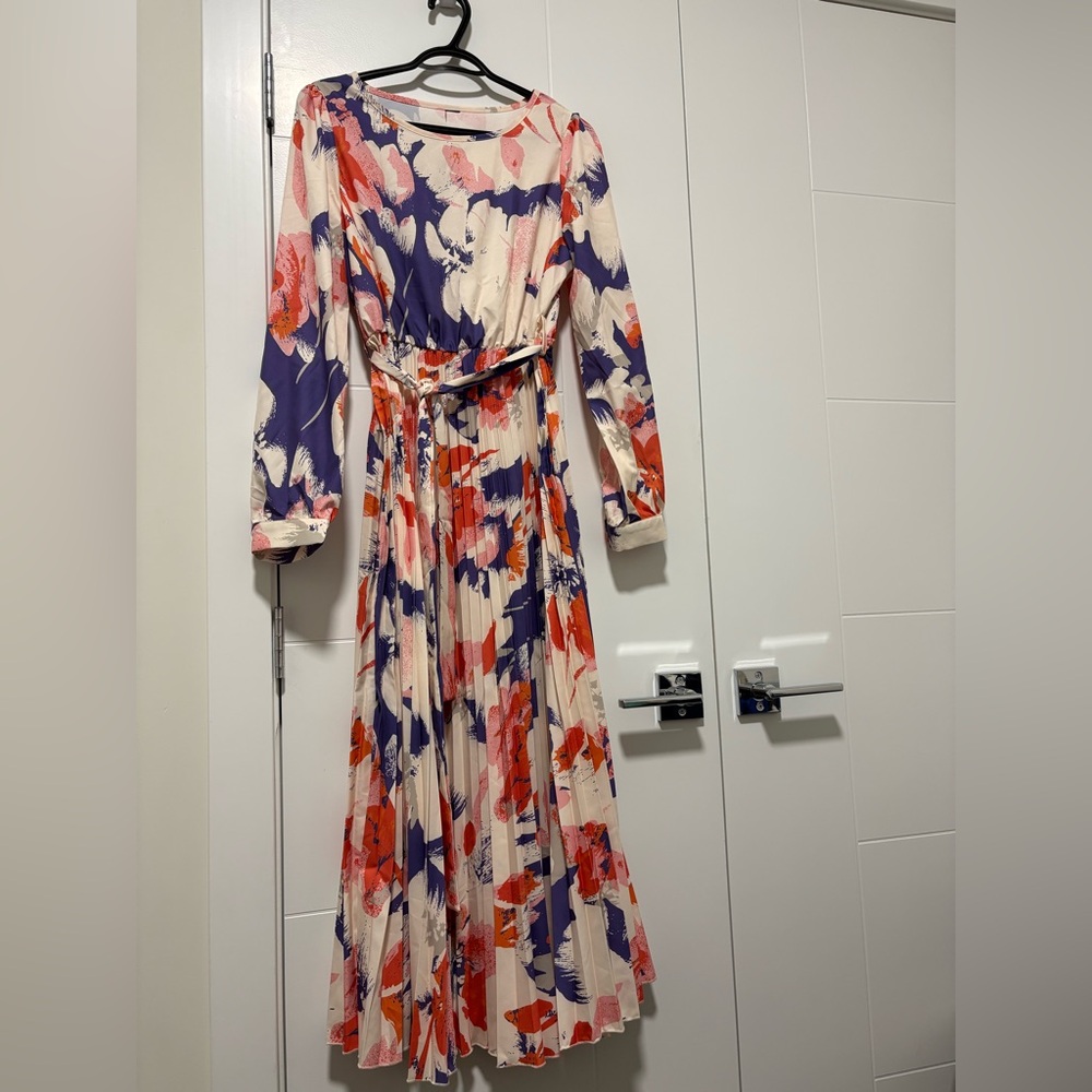 Floral Pleated Maxi Dress in Cream with Purple & Red Accents